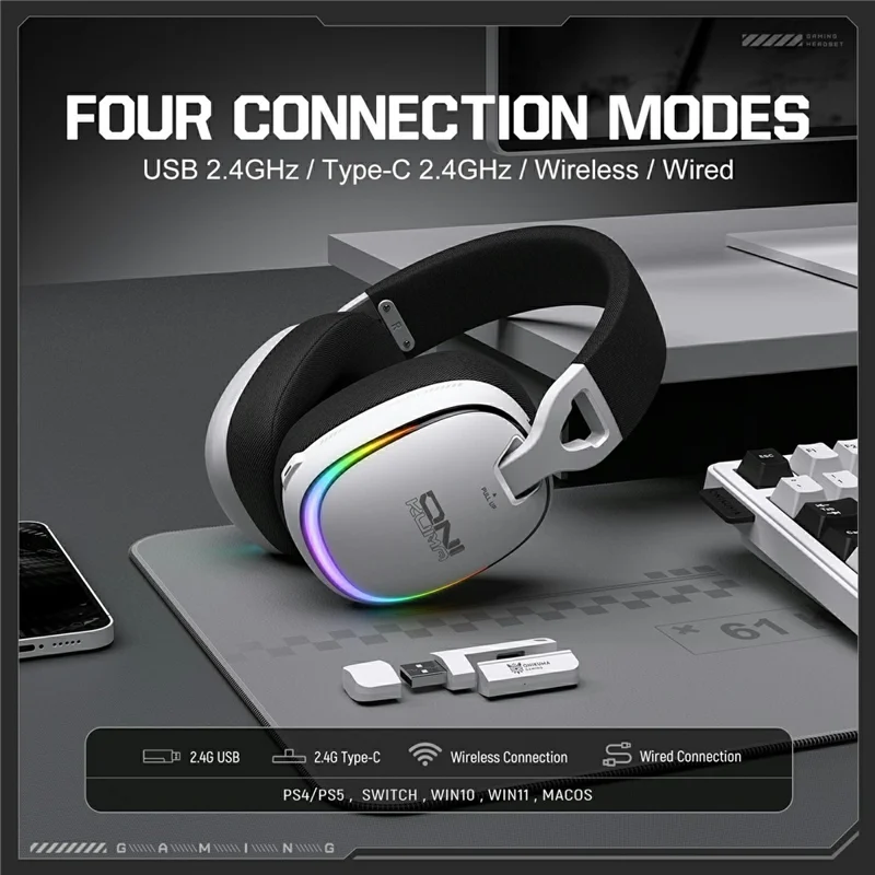 ONIKUMA GT805 4 Modes Wireless / Wired Gaming Headset Over-Ear Headphones with RGB Light - White