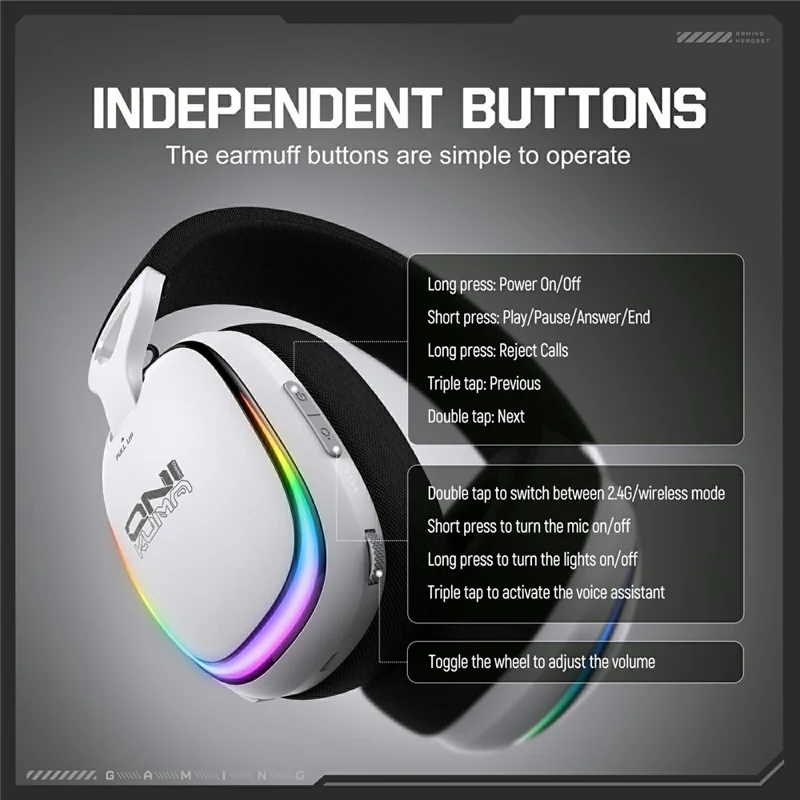 ONIKUMA GT805 4 Modes Wireless / Wired Gaming Headset Over-Ear Headphones with RGB Light - White