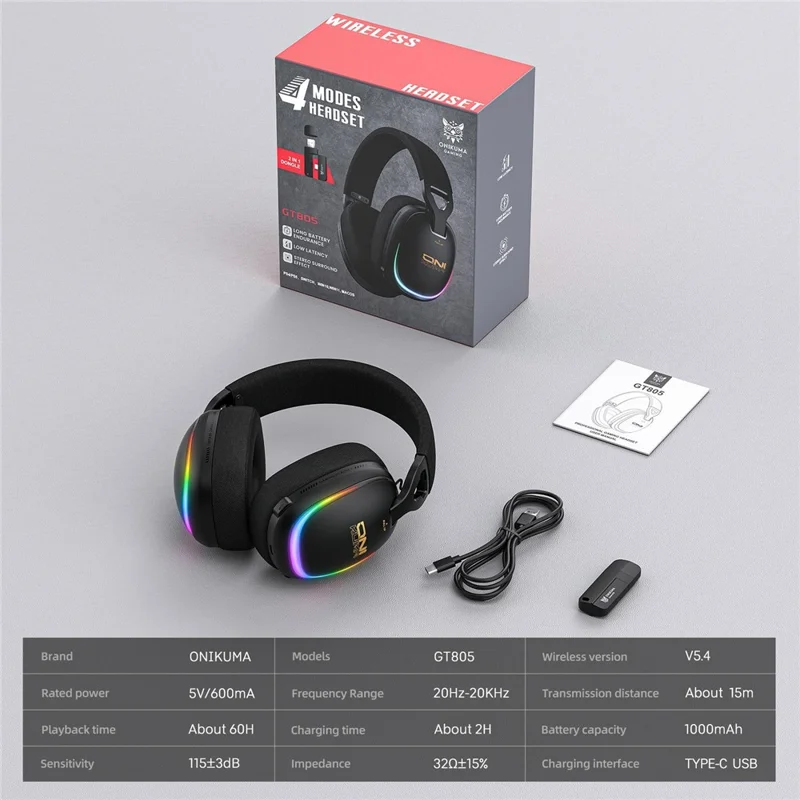 ONIKUMA GT805 Auscultadores Gaming com Fios e Sem Fios com 4 Modos, Auscultadores Circumaurais com Luz RGB - Preto