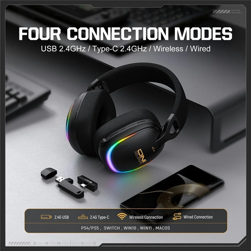 ONIKUMA GT805 Auscultadores Gaming com Fios e Sem Fios com 4 Modos, Auscultadores Circumaurais com Luz RGB - Preto