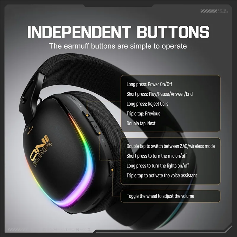 ONIKUMA GT805 Auscultadores Gaming com Fios e Sem Fios com 4 Modos, Auscultadores Circumaurais com Luz RGB - Preto