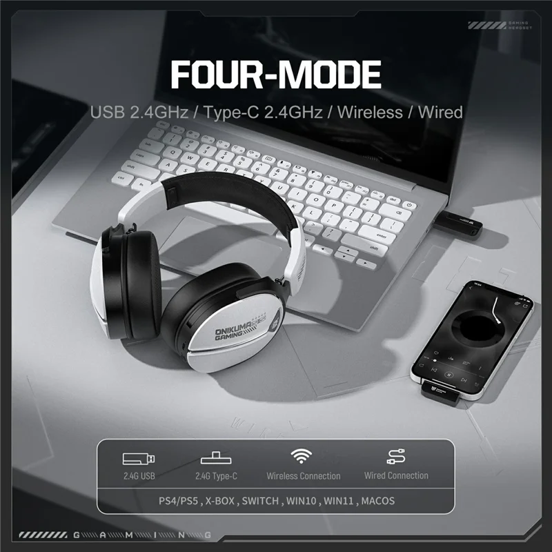 ONIKUMA GT887 Gaming Headphones with Microphone 4 Modes Wireless / Wired Over-Ear Headset - White