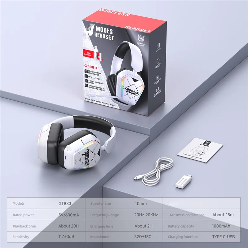 ONIKUMA GT883 Wireless Gaming Headset 4 Mode Bluetooth-Compatible Headphones with Microphone - White