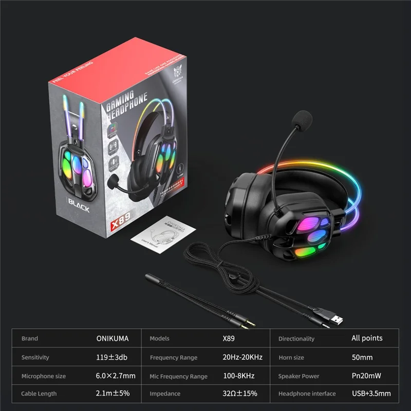 ONIKUMA X89 Gaming-Headset RGB Kabelgebundene Over-Ear-Kopfhörer mit Mikrofon für PC/Laptop-Nutzung – Schwarz