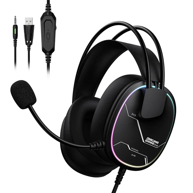 ONIKUMA X91 Gaming Headset Wired Over-Ear Headphones with Microphone RGB LED For PC  /  PS5  /  Gaming - Black