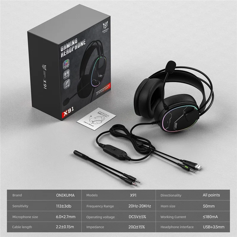ONIKUMA X91 Gaming Headset Wired Over-Ear Headphones with Microphone RGB LED For PC  /  PS5  /  Gaming - Black