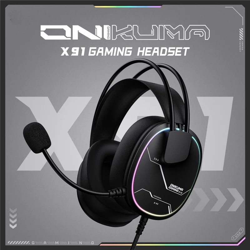 ONIKUMA X91 Gaming Headset Wired Over-Ear Headphones with Microphone RGB LED For PC  /  PS5  /  Gaming - Black