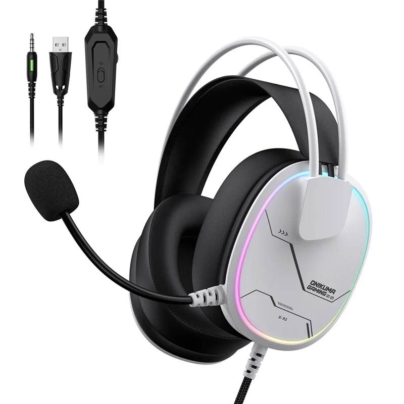ONIKUMA X91 Gaming Headset Wired Over-Ear Headphones with Microphone RGB LED For PC  /  PS5  /  Gaming - White