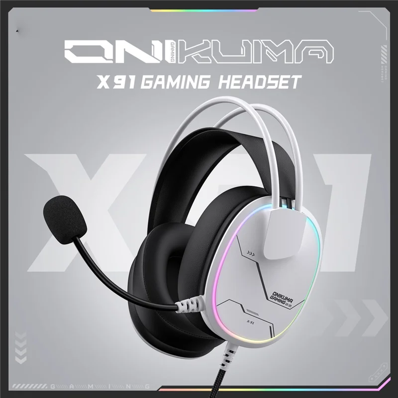 ONIKUMA X91 Gaming Headset Wired Over-Ear Headphones with Microphone RGB LED For PC  /  PS5  /  Gaming - White