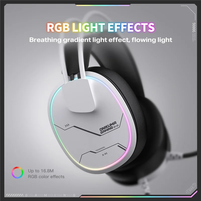 ONIKUMA X91 Gaming Headset Wired Over-Ear Headphones with Microphone RGB LED For PC  /  PS5  /  Gaming - White