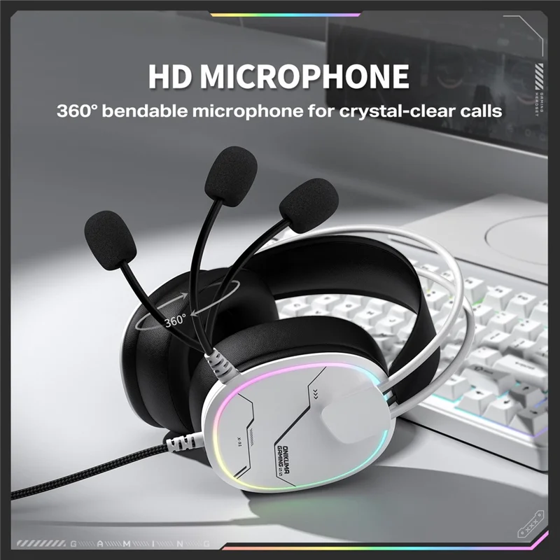 ONIKUMA X91 Gaming Headset Wired Over-Ear Headphones with Microphone RGB LED For PC  /  PS5  /  Gaming - White
