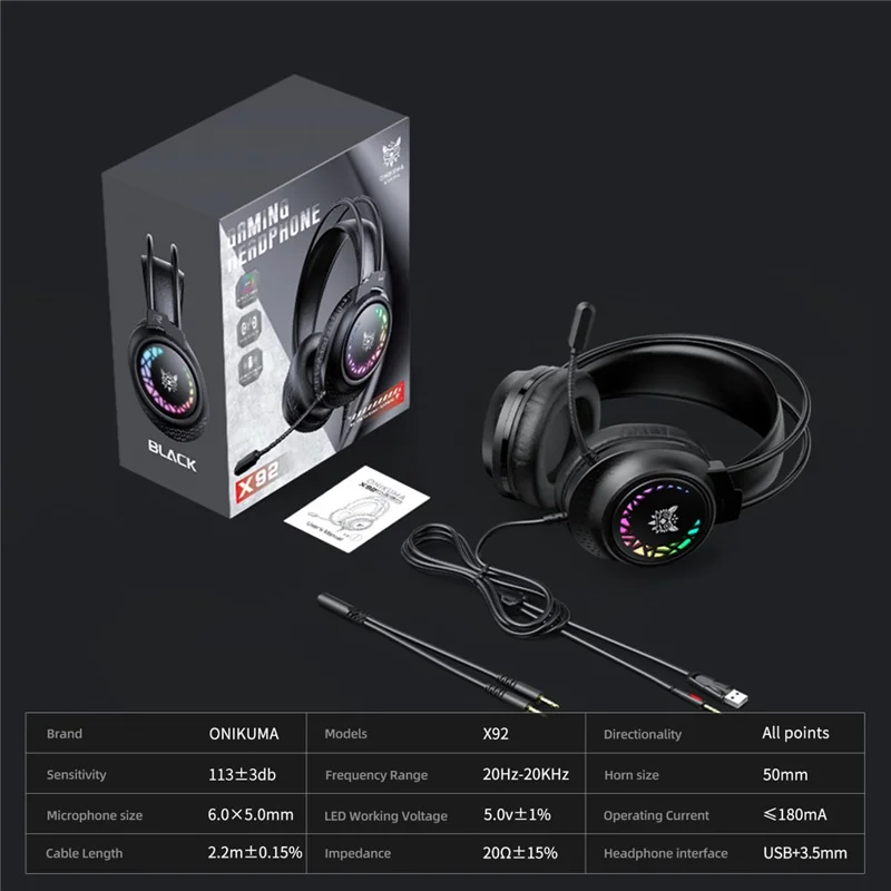 ONIKUMA X92 Gaming Headset RGB LED Wired Over Ear Headphones with Microphone For PC PS5 Gaming - Black