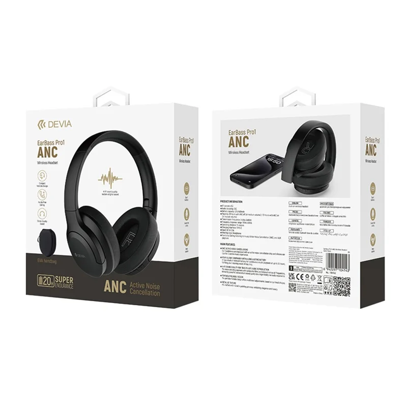 DEVIA EM203 EarBass Pro1 Bluetooth-kompatibla trådlösa huvudtelefoner, vikbara över örat med ANC-huvudtelefoner - Svart