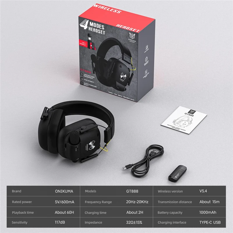 ONIKUMA GT888 4-режимная игровая гарнитура с поддержкой Bluetooth, 2.4G беспроводные наушники - Черные