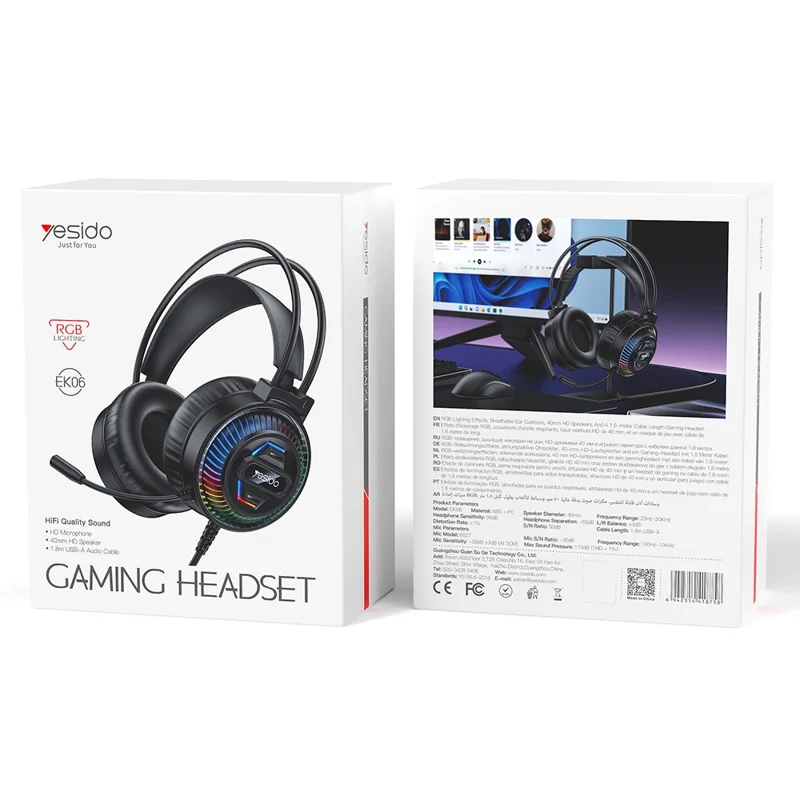 YESIDO EK06 Wired RGB Gaming Headset 40mm HD Speaker 360° Microphone Headphone for PC Computer
