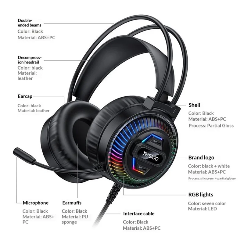 YESIDO EK06 Wired RGB Gaming Headset 40mm HD Speaker 360° Microphone Headphone for PC Computer