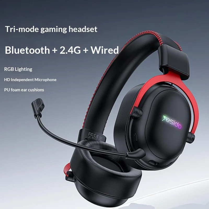 YESIDO EK07 Tri-Mode Gaming Headset Bluetooth-compatible 2.4G Wired Over Ear Headphones with Detachable Mic - Black