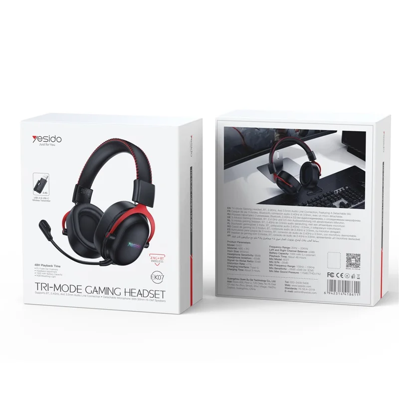 YESIDO EK07 Tri-Mode Gaming Headset Bluetooth-compatible 2.4G Wired Over Ear Headphones with Detachable Mic - Black