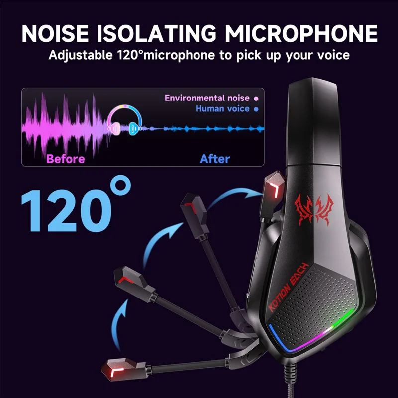 KOTION EACH G5000 Gaming Headset with Mic 7.1 Surround Sound RGB LED Headphones for PS4  /  PS5  /  PC  /  Xbox - Red