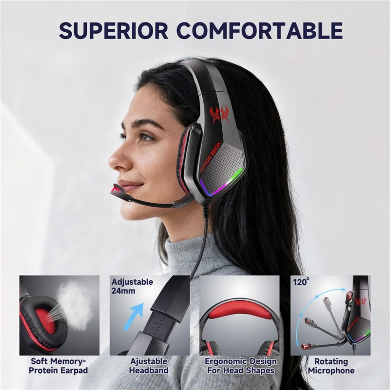 KOTION EACH G5000 Gaming Headset with Mic 7.1 Surround Sound RGB LED Headphones for PS4  /  PS5  /  PC  /  Xbox - Red