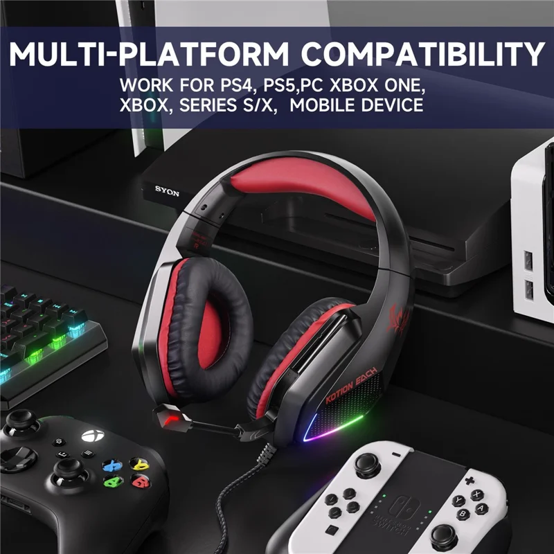 KOTION EACH G5000 Gaming Headset with Mic 7.1 Surround Sound RGB LED Headphones for PS4  /  PS5  /  PC  /  Xbox - Red