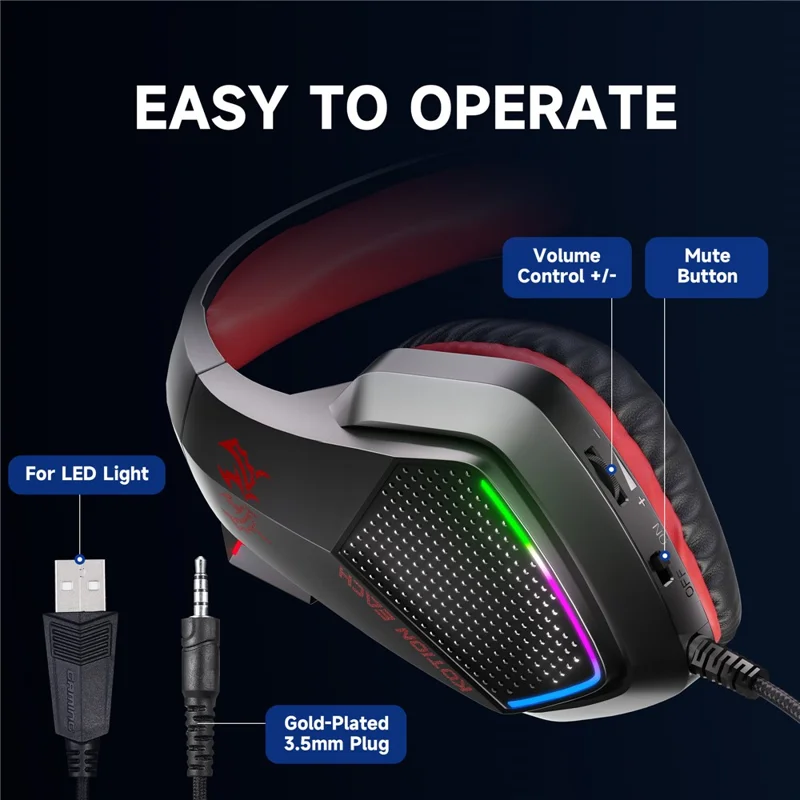 KOTION EACH G5000 Gaming Headset with Mic 7.1 Surround Sound RGB LED Headphones for PS4  /  PS5  /  PC  /  Xbox - Red