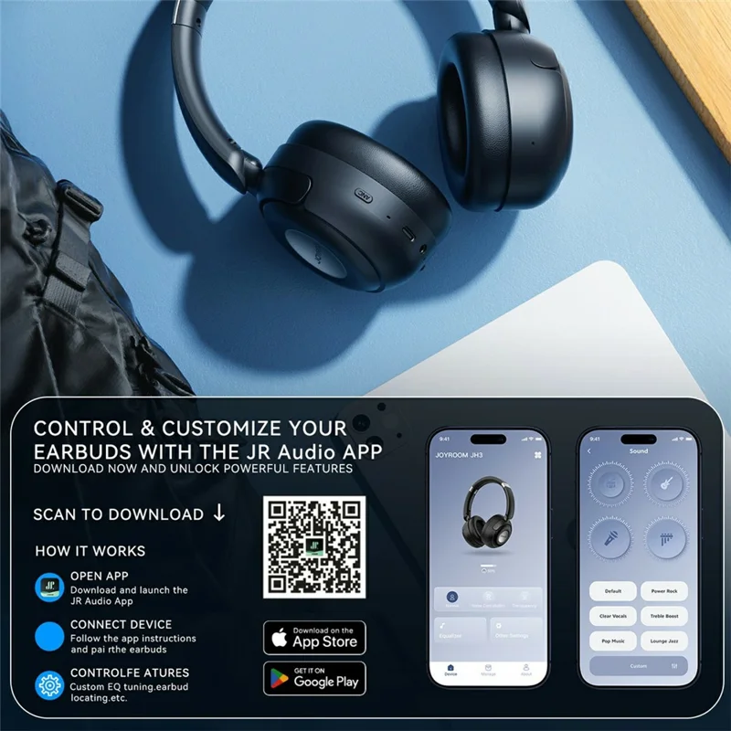 JOYROOM JR-JH3 Bluetooth-compatible Headphones Hybrid Active Noise Canceling Over-Ear Headset with 3.5mm Audio Cable - Black