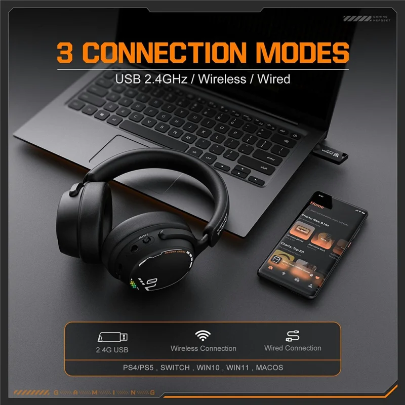 ONIKUMA GT886 Gaming Headset 2.4G Wireless Bluetooth-compatible Wired 3 Modes PC Headphone with Detachable Microphone - Black