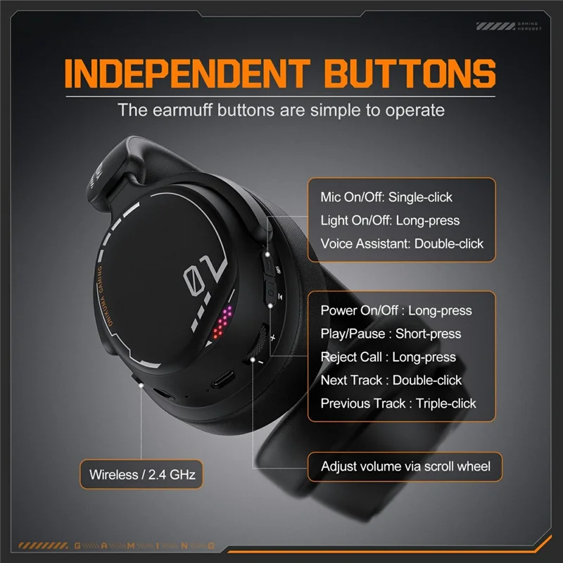 ONIKUMA GT886 Gaming Headset 2.4G Wireless Bluetooth-compatible Wired 3 Modes PC Headphone with Detachable Microphone - Black