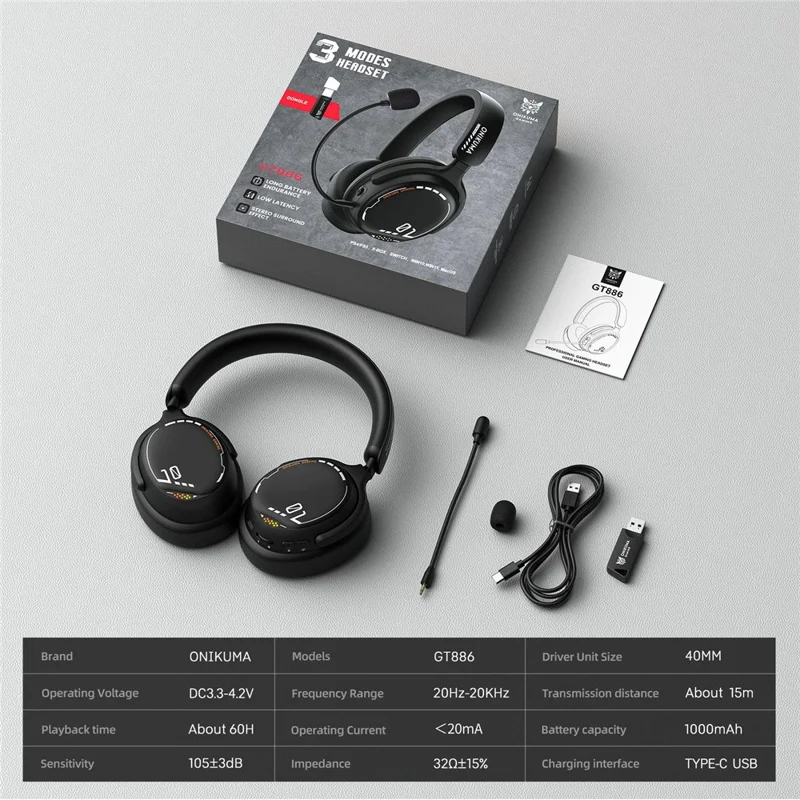 ONIKUMA GT886 Gaming Headset 2.4G Wireless Bluetooth-compatible Wired 3 Modes PC Headphone with Detachable Microphone - Black