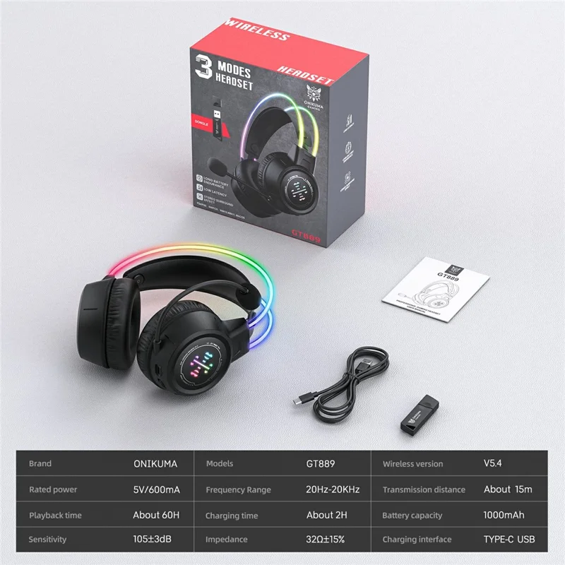 ONIKUMA GT889 Auriculares Gaming Inalámbricos 2.4G Bluetooth Compatible Conexión Triple Modo RGB Iluminación Auriculares para PC - Negro