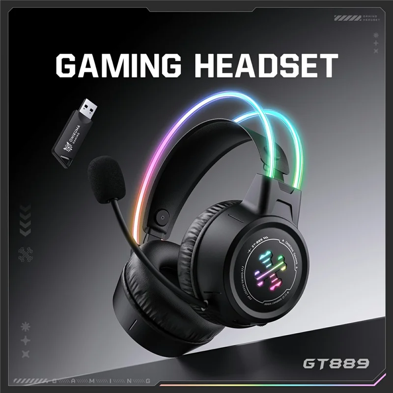 ONIKUMA GT889 Auriculares Gaming Inalámbricos 2.4G Bluetooth Compatible Conexión Triple Modo RGB Iluminación Auriculares para PC - Negro