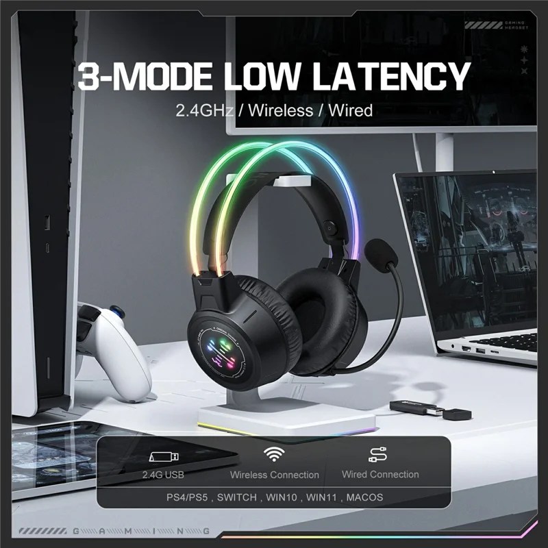 ONIKUMA GT889 Auriculares Gaming Inalámbricos 2.4G Bluetooth Compatible Conexión Triple Modo RGB Iluminación Auriculares para PC - Negro