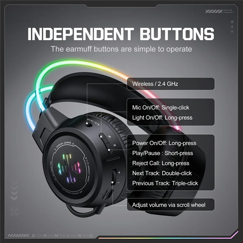 ONIKUMA GT889 Auriculares Gaming Inalámbricos 2.4G Bluetooth Compatible Conexión Triple Modo RGB Iluminación Auriculares para PC - Negro