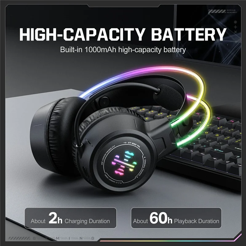 ONIKUMA GT889 Auriculares Gaming Inalámbricos 2.4G Bluetooth Compatible Conexión Triple Modo RGB Iluminación Auriculares para PC - Negro