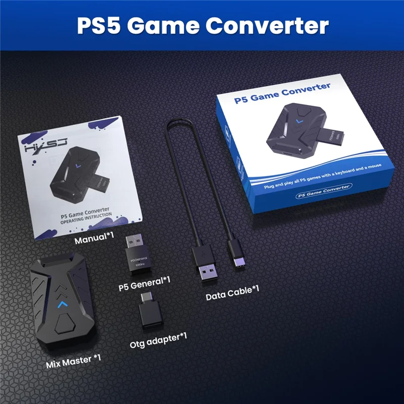 HXSJ Master-P5 Adapter Kontrolera Gry do Konsoli PS5, Klawiatura i Mysz z Efektem RGB, Przetwornik z Częstotliwością 1000Hz - Czarny