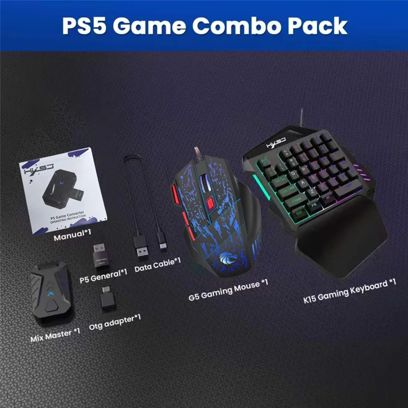HXSJ P5+V100+H300 Keyboard Mouse Converter Kit 1000Hz Gaming Console Controller Adapter Set for PS5  /  PS3  /  PS4  /  Xbox One  /  Xbox 360 /  Nintendo Switch - Black