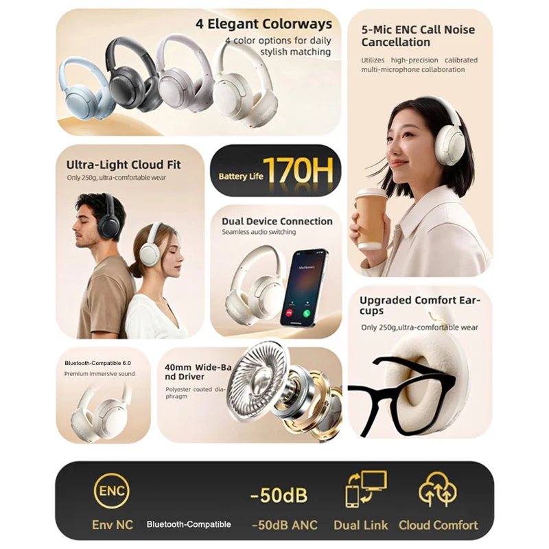 ZAODON YUNX Bluetooth-compatible Headphones 50dB ANC Noise Cancelling Over-Ear Wireless Headset - Beige