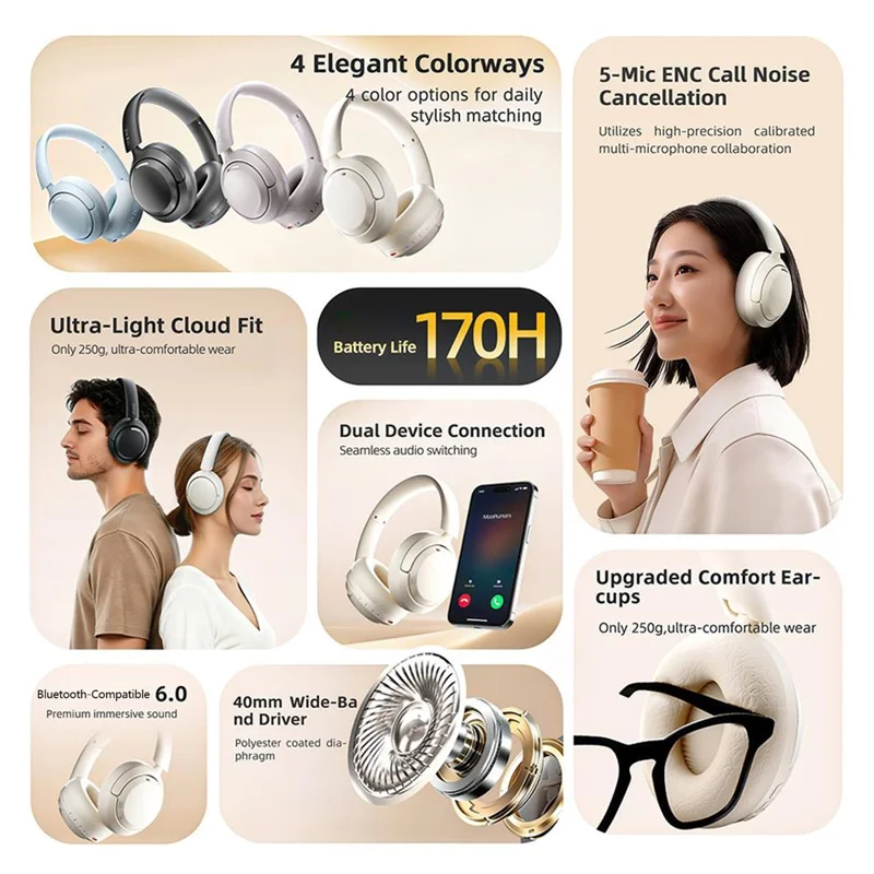 ZAODON V10 Active Noise Cancelling Headphones Bluetooth-compatible 6.0 Headset - White
