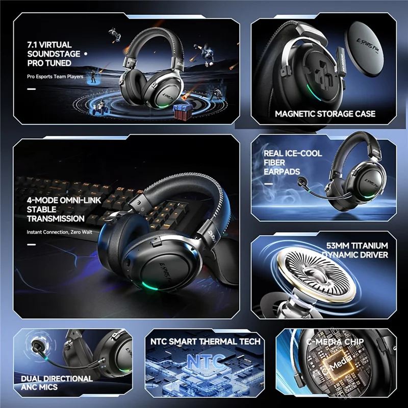 ZAODON LinX G5 Wireless Gaming Headset Bluetooth-compatible 6.0 4-Mode 7.1 Virtual Surround Sound - Black