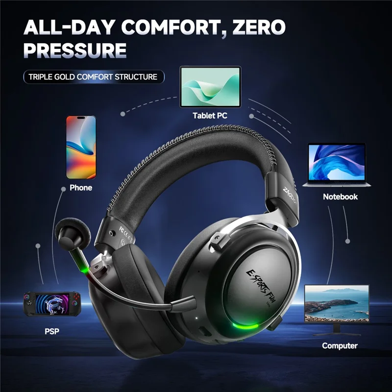 ZAODON LinX G5 Wireless Gaming Headset Bluetooth-compatible 6.0 4-Mode 7.1 Virtual Surround Sound - Black