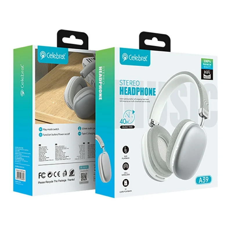 CELEBRAT A39 Kabellose Over-Ear-Kopfhörer HiFi Stereo Bluetooth-kompatibel 5.4 Kabelgebundener Headset - Silber