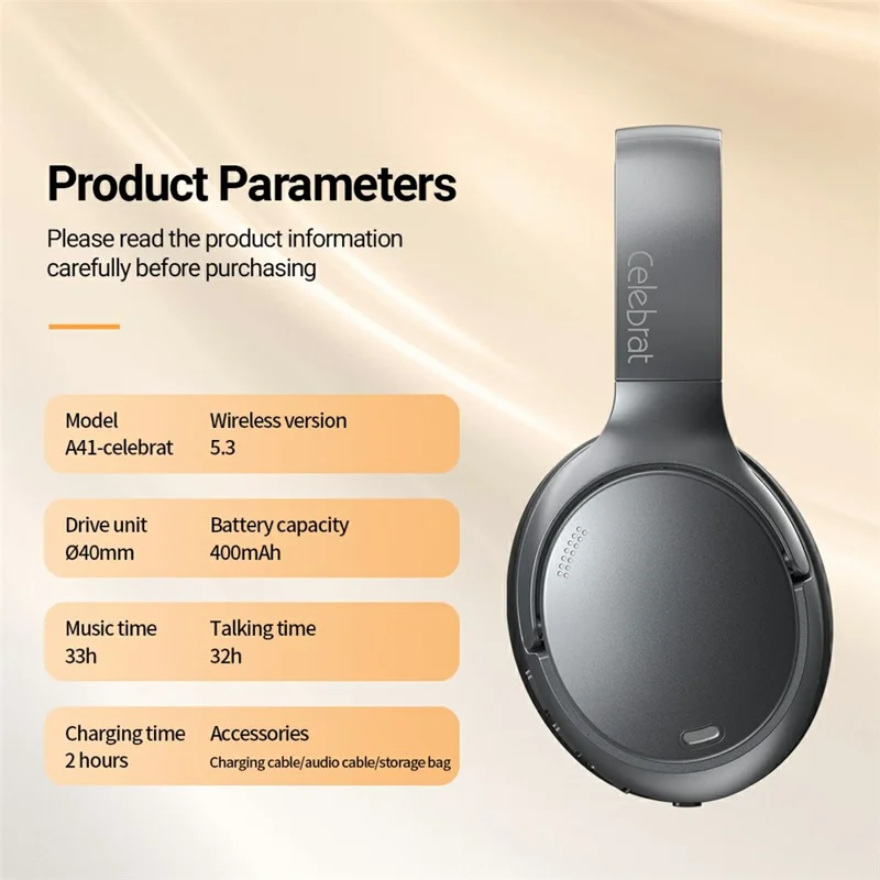 CELEBRAT A41 Wireless Over-Ear ANC Headphones Bluetooth-compatible 5.3 HiFi Stereo Headset - Black