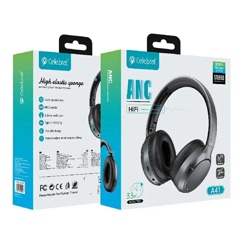 CELEBRAT A41 Wireless Over-Ear ANC Headphones Bluetooth-compatible 5.3 HiFi Stereo Headset - Black