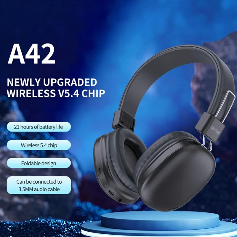 CELEBRAT A42 Wireless Bluetooth-compatible Headset Over-Ear HiFi Stereo Foldable Headphones - Black