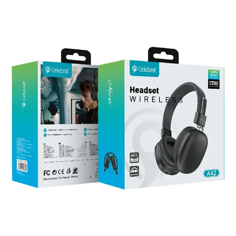 CELEBRAT A42 Wireless Bluetooth-compatible Headset Over-Ear HiFi Stereo Foldable Headphones - Black