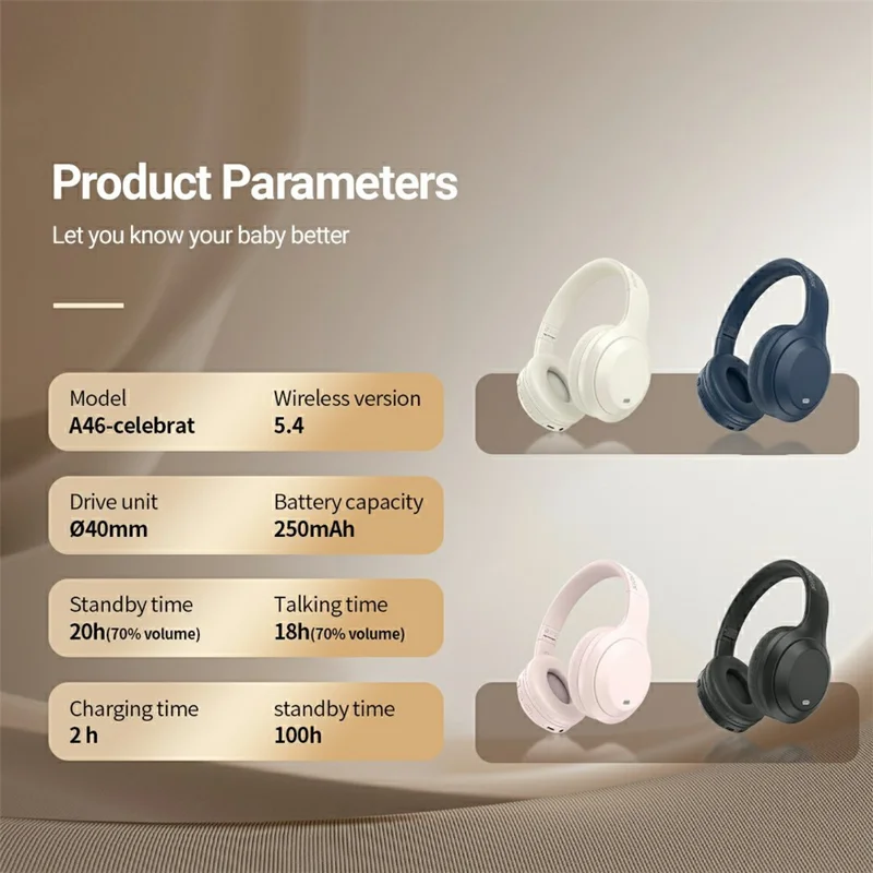 CELEBRAT A46 Wireless Headset 40mm Driver Bluetooth-compatible 5.4 Foldable Stereo Headphones - Beige
