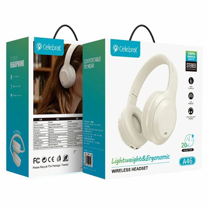 CELEBRAT A46 Wireless Headset 40mm Driver Bluetooth-compatible 5.4 Foldable Stereo Headphones - Beige