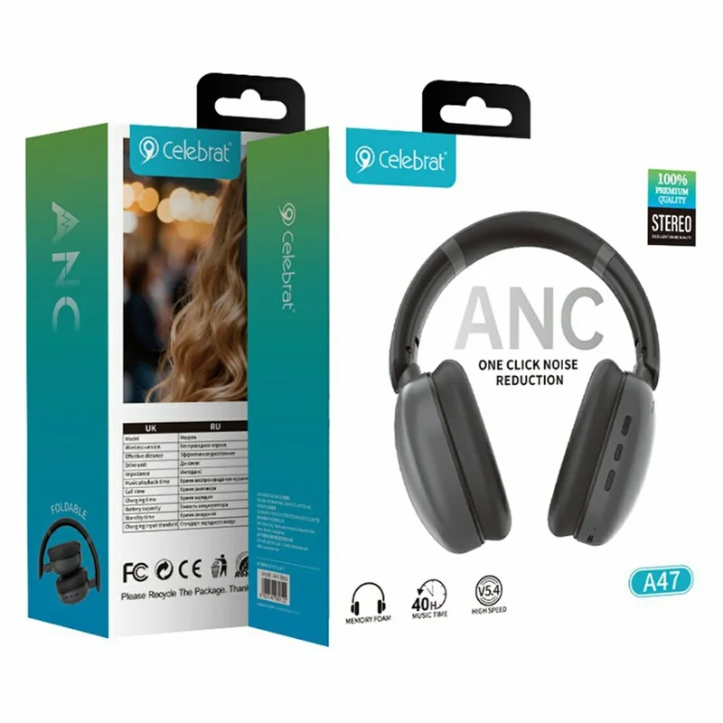 CELEBRAT A47 Wireless Over-Ear Headphone ANC Noise Cancellation Bluetooth-compatible 5.4 Foldable Headset - Black
