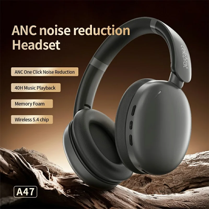 CELEBRAT A47 Wireless Over-Ear Headphone ANC Noise Cancellation Bluetooth-compatible 5.4 Foldable Headset - Black